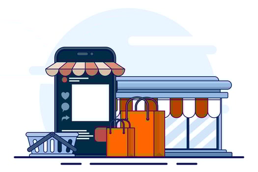 The concept of online shopping vs offline stores compares the convenience and variety of e-commerce with the in-person physical retail experience. Traditional shop mall building and e-commerce mobile vector