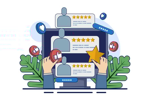 Concept of customer satisfaction indicators for products, services, consumer opinions, reviews, feedback, user experience. online survey. Testimonials, high ratings. Good quality products or services. vector