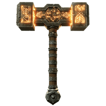 Ornate Metal Hammer with Glowing Runes and Wooden Handle png