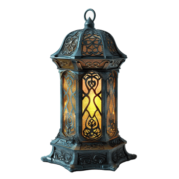 Ornate Metal Lantern with Intricate Glass Panels and Warm Glow png
