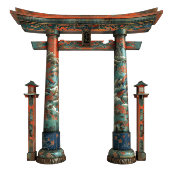 Ornate Japanese Torii Gate with Lantern Posts png