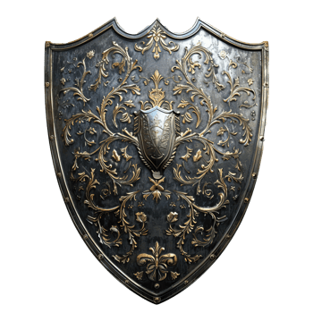 Ornate Medieval Shield with Gold Filigree Design png