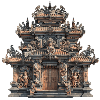 Intricate Balinese Temple Entrance with Carved Figures and Roofs png