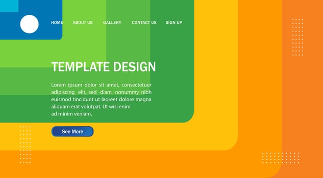 a colorful web page template design with a blue and orange background vector