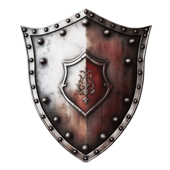 Medieval shield with a split design and a central heraldic emblem, isolated on transparent png