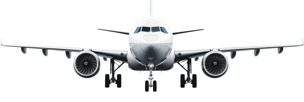 Front view of a commercial airplane on transparent background png