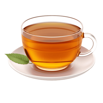 Transparent glass cup of tea with a green leaf, isolated on transparent png