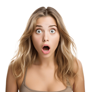 Surprised young woman with wide open eyes and mouth, isolated on transparent png