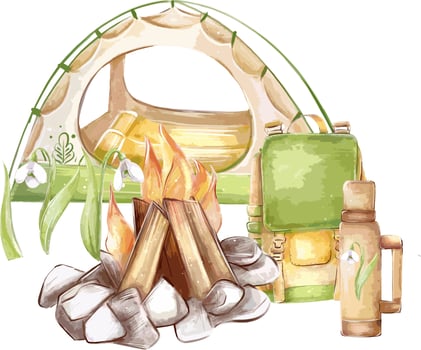 Tent, campfire watercolor composition of camping, tourism, travel, hiking in the mountains. vector