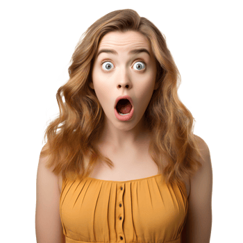 Shocked young woman in a yellow dress, isolated on transparent png