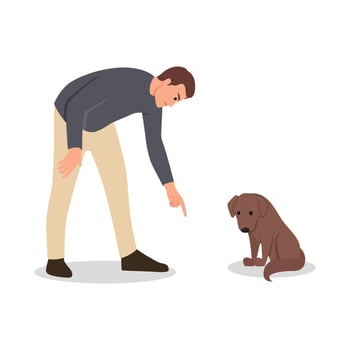 Being angry at pet concept. Young angry aggressive man shouting at guilty dog. vector