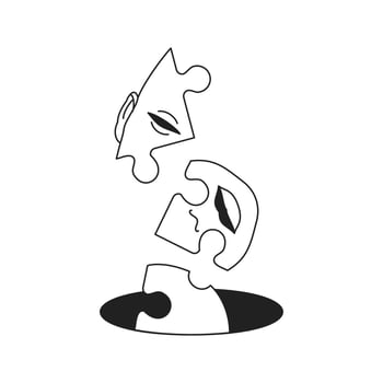 Surreal puzzle jigsaw futuristic human head falling to black hole Y2k outline icon flat vector