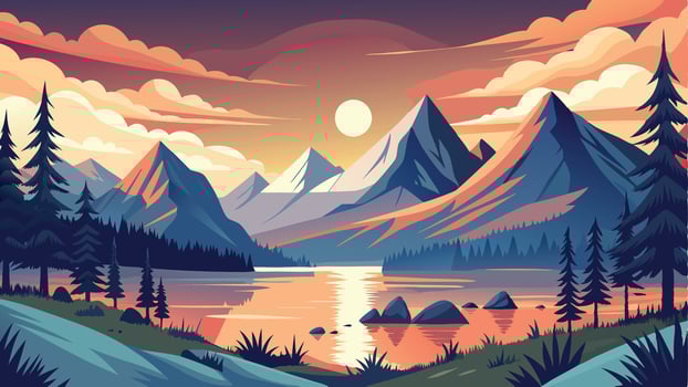 Stunning Mountain and Lake Sunset Landscape High-Quality Illustration Design vector