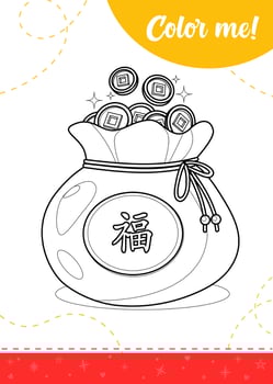 Coloring page for kids with Chinese money bag with a lot of gold coins vector