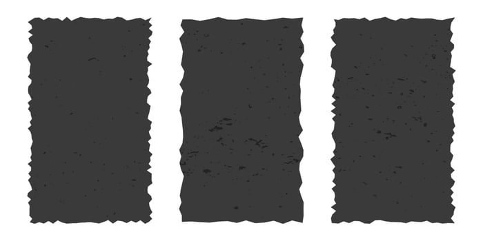Set of vertical gray frames made of torn paper with vintage gritty texture, rectangles with jagged edges isolated on white background. Old ripped paper, grunge template. vector