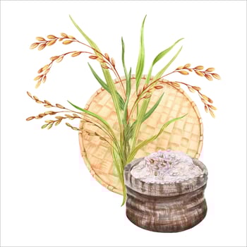 Rice grains in a hessian bag composition. Rice plant leaves and a traditional handmade husking tray. Hand drawn watercolor illustration isolated from background. For crops product labels and packaging vector