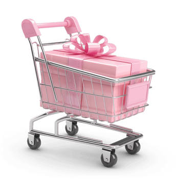 shopping cart with pink gift boxes on transparent background png
