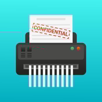 Paper shredder. Sheet with the inscription confidential. Destroy secret documents, office equipment, device, black accounting, carry out fraudulent activities, fraud, protection, unauthorized access vector