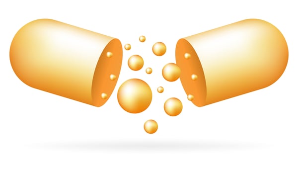 Yellow open capsule. Golden soluble shell, drops inside, fluids, substance, medicine, pill, medicament, treatment, healthcare, vitamins, dietary supplements, science, chemistry, pharmacology. vector