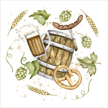 Hand drawn watercolor illustration with wooden barrel with beer, hop, malt, German pretzel, German sausage, pint of beer. Oktoberfest illustration, production of Beer or Ale vector
