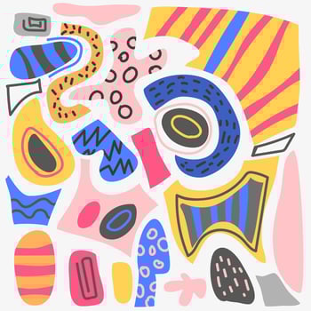 set of abstract geometric elements decorated with texture. Stripes, zigzags, scribble, circles. Pink, blue, gray. For Posters, postcards, patterns vector
