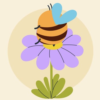 Cute kawaii bee and flowers in cartoon, flat, doodle, simple style. Design element for posters, postcards, greeting cards, wallpapers, children's clothes, fabrics, t-shirts, logos vector