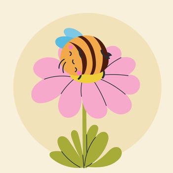 Cute kawaii bee and flowers in cartoon, flat, doodle, simple style. Design element for posters, postcards, greeting cards, wallpapers, children's clothes, fabrics, t-shirts, logos vector