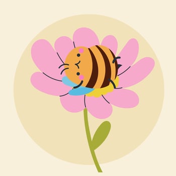 Cute kawaii bee and flowers in cartoon, flat, doodle, simple style. Design element for posters, postcards, greeting cards, wallpapers, children's clothes, fabrics, t-shirts, logos vector