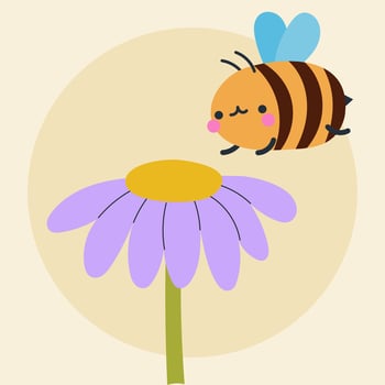 Cute kawaii bee and flowers in cartoon, flat, doodle, simple style. Design element for posters, postcards, greeting cards, wallpapers, children's clothes, fabrics, t-shirts, logos vector