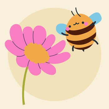 Cute kawaii bee and flowers in cartoon, flat, doodle, simple style. Design element for posters, postcards, greeting cards, wallpapers, children's clothes, fabrics, t-shirts, logos vector