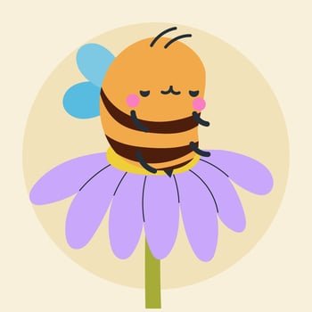 Cute kawaii bee and flowers in cartoon, flat, doodle, simple style. Design element for posters, postcards, greeting cards, wallpapers, children's clothes, fabrics, t-shirts, logos vector