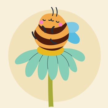 Cute kawaii bee and flowers in cartoon, flat, doodle, simple style. Design element for posters, postcards, greeting cards, wallpapers, children's clothes, fabrics, t-shirts, logos vector