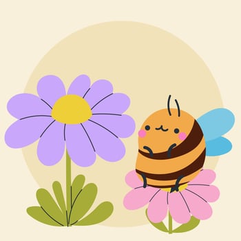 Cute kawaii bee and flowers in cartoon, flat, doodle, simple style. Design element for posters, postcards, greeting cards, wallpapers, children's clothes, fabrics, t-shirts, logos vector
