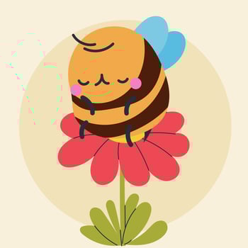 Cute kawaii bee and flowers in cartoon, flat, doodle, simple style. Design element for posters, postcards, greeting cards, wallpapers, children's clothes, fabrics, t-shirts, logos vector