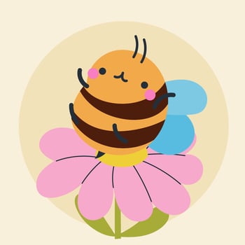 Cute kawaii bee and flowers in cartoon, flat, doodle, simple style. Design element for posters, postcards, greeting cards, wallpapers, children's clothes, fabrics, t-shirts, logos vector
