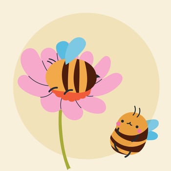 Cute kawaii bee and flowers in cartoon, flat, doodle, simple style. Design element for posters, postcards, greeting cards, wallpapers, children's clothes, fabrics, t-shirts, logos vector