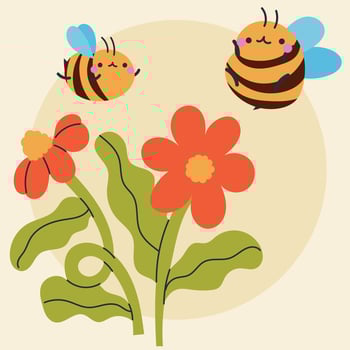 Cute kawaii bee and flowers in cartoon, flat, doodle, simple style. Design element for posters, postcards, greeting cards, wallpapers, children's clothes, fabrics, t-shirts, logos vector