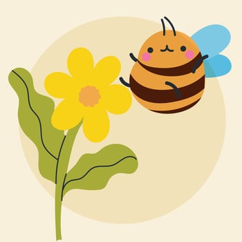 Cute kawaii bee and flowers in cartoon, flat, doodle, simple style. Design element for posters, postcards, greeting cards, wallpapers, children's clothes, fabrics, t-shirts, logos vector
