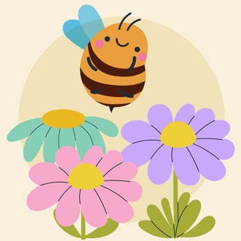 Cute kawaii bee and flowers in cartoon, flat, doodle, simple style. Design element for posters, postcards, greeting cards, wallpapers, children's clothes, fabrics, t-shirts, logos vector