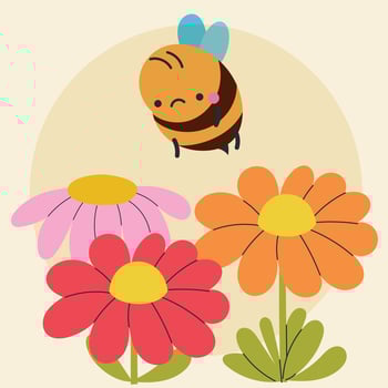 Cute kawaii bee and flowers in cartoon, flat, doodle, simple style. Design element for posters, postcards, greeting cards, wallpapers, children's clothes, fabrics, t-shirts, logos vector