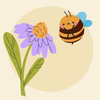Cute kawaii bee and flowers in cartoon, flat, doodle, simple style. Design element for posters, postcards, greeting cards, wallpapers, children's clothes, fabrics, t-shirts, logos vector