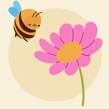 Cute kawaii bee and flowers in cartoon, flat, doodle, simple style. Design element for posters, postcards, greeting cards, wallpapers, children's clothes, fabrics, t-shirts, logos vector