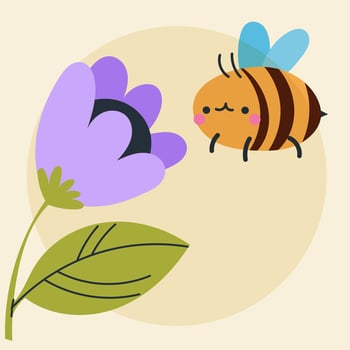 Cute kawaii bee and flowers in cartoon, flat, doodle, simple style. Design element for posters, postcards, greeting cards, wallpapers, children's clothes, fabrics, t-shirts, logos vector