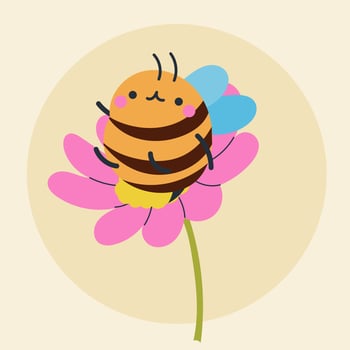 Cute kawaii bee and flowers in cartoon, flat, doodle, simple style. Design element for posters, postcards, greeting cards, wallpapers, children's clothes, fabrics, t-shirts, logos vector
