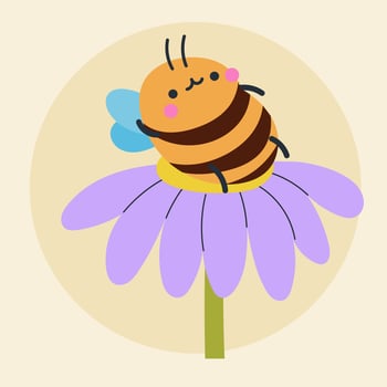 Cute kawaii bee and flowers in cartoon, flat, doodle, simple style. Design element for posters, postcards, greeting cards, wallpapers, children's clothes, fabrics, t-shirts, logos vector