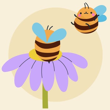 Cute kawaii bee and flowers in cartoon, flat, doodle, simple style. Design element for posters, postcards, greeting cards, wallpapers, children's clothes, fabrics, t-shirts, logos vector