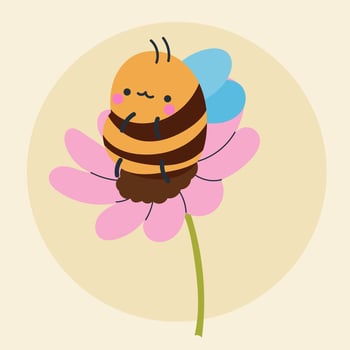 Cute kawaii bee and flowers in cartoon, flat, doodle, simple style. Design element for posters, postcards, greeting cards, wallpapers, children's clothes, fabrics, t-shirts, logos vector