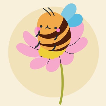 Cute kawaii bee and flowers in cartoon, flat, doodle, simple style. Design element for posters, postcards, greeting cards, wallpapers, children's clothes, fabrics, t-shirts, logos vector