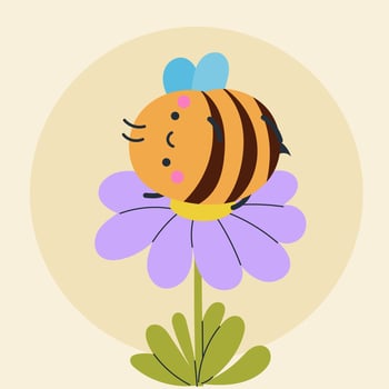 Cute kawaii bee and flowers in cartoon, flat, doodle, simple style. Design element for posters, postcards, greeting cards, wallpapers, children's clothes, fabrics, t-shirts, logos vector