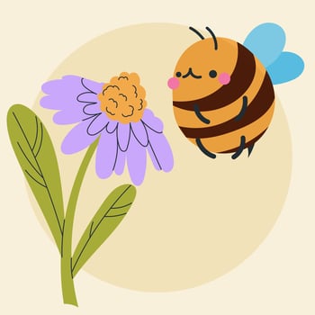 Cute kawaii bee and flowers in cartoon, flat, doodle, simple style. Design element for posters, postcards, greeting cards, wallpapers, children's clothes, fabrics, t-shirts, logos vector